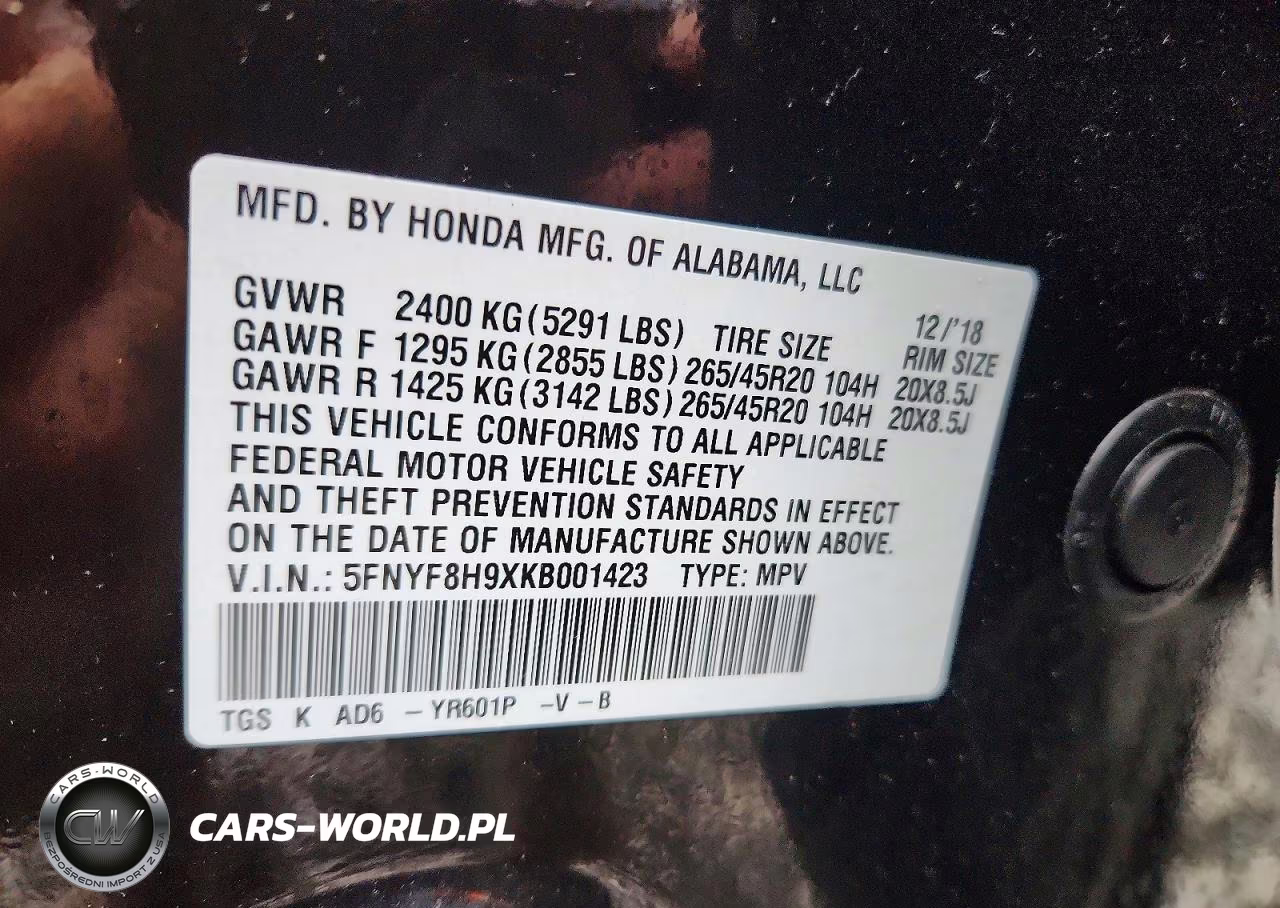 2019 Honda Passport Touring VIN:5FNYF8H9XKB001423 - 13
