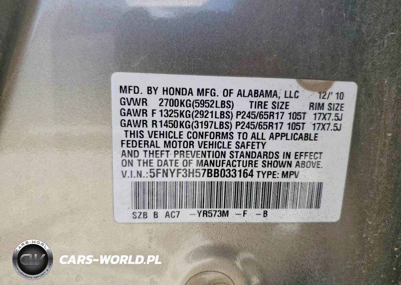 2011 Honda Pilot Ex-L VIN:5FNYF3H57BB033164 - 13