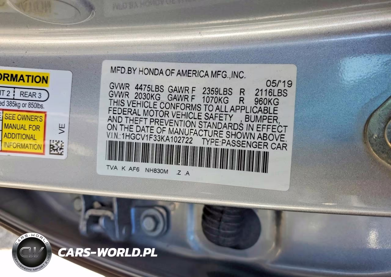 2019 Honda Accord Sport VIN:1HGCV1F33KA102722 - 12