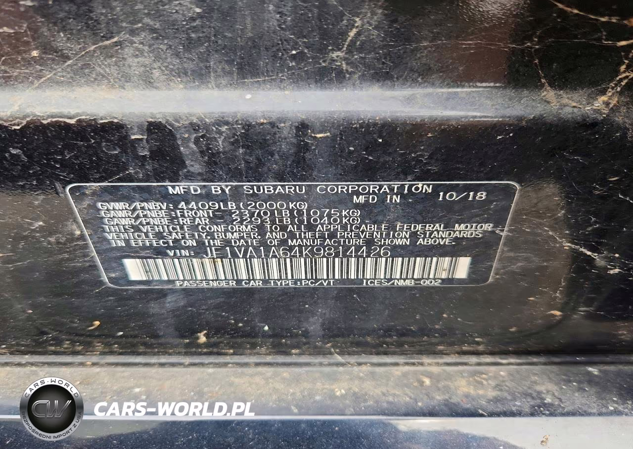 2019 Subaru Wrx VIN:JF1VA1A64K9814426 - 12