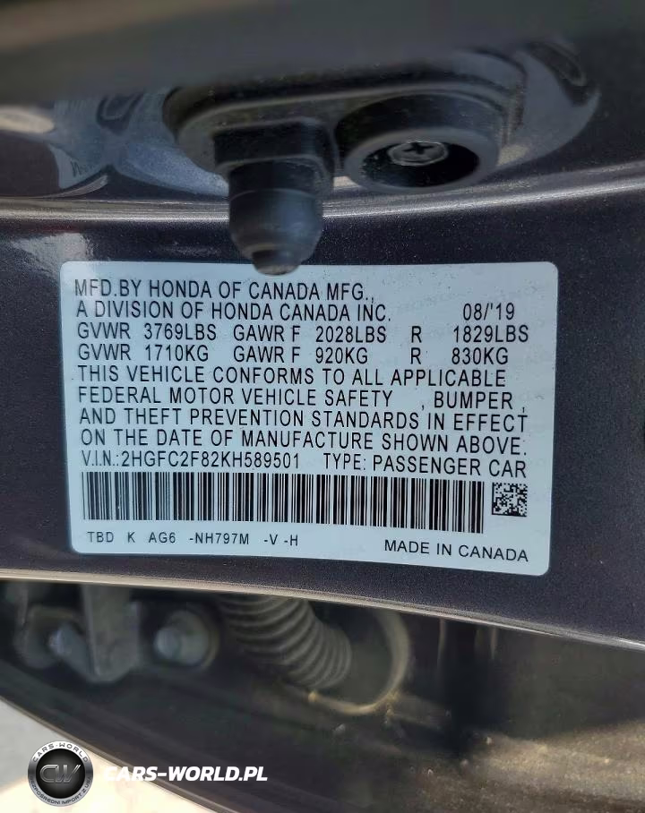 2019 Honda Civic Sport VIN:2HGFC2F82KH589501 - 12