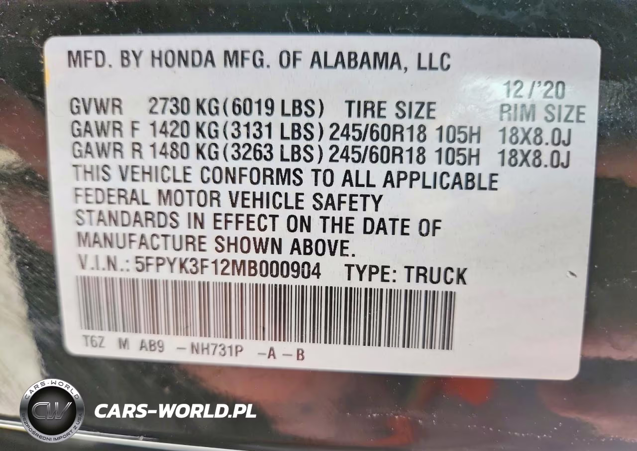 2021 Honda Ridgeline Sport VIN:5FPYK3F12MB000904 - 12