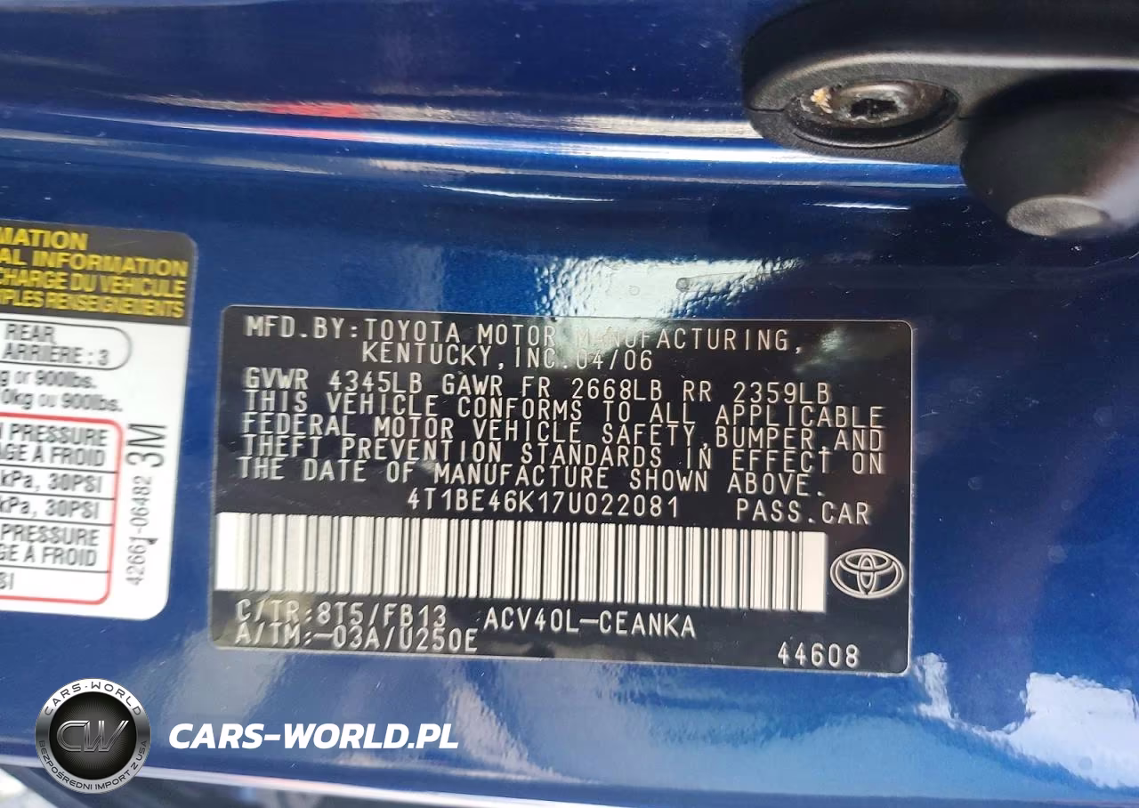 2007 Toyota Camry Le VIN:4T1BE46K17U022081 - 12