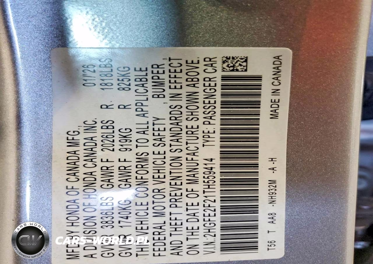 2026 Honda Civic Lx VIN:2HGFE2F21TH559414 - 12