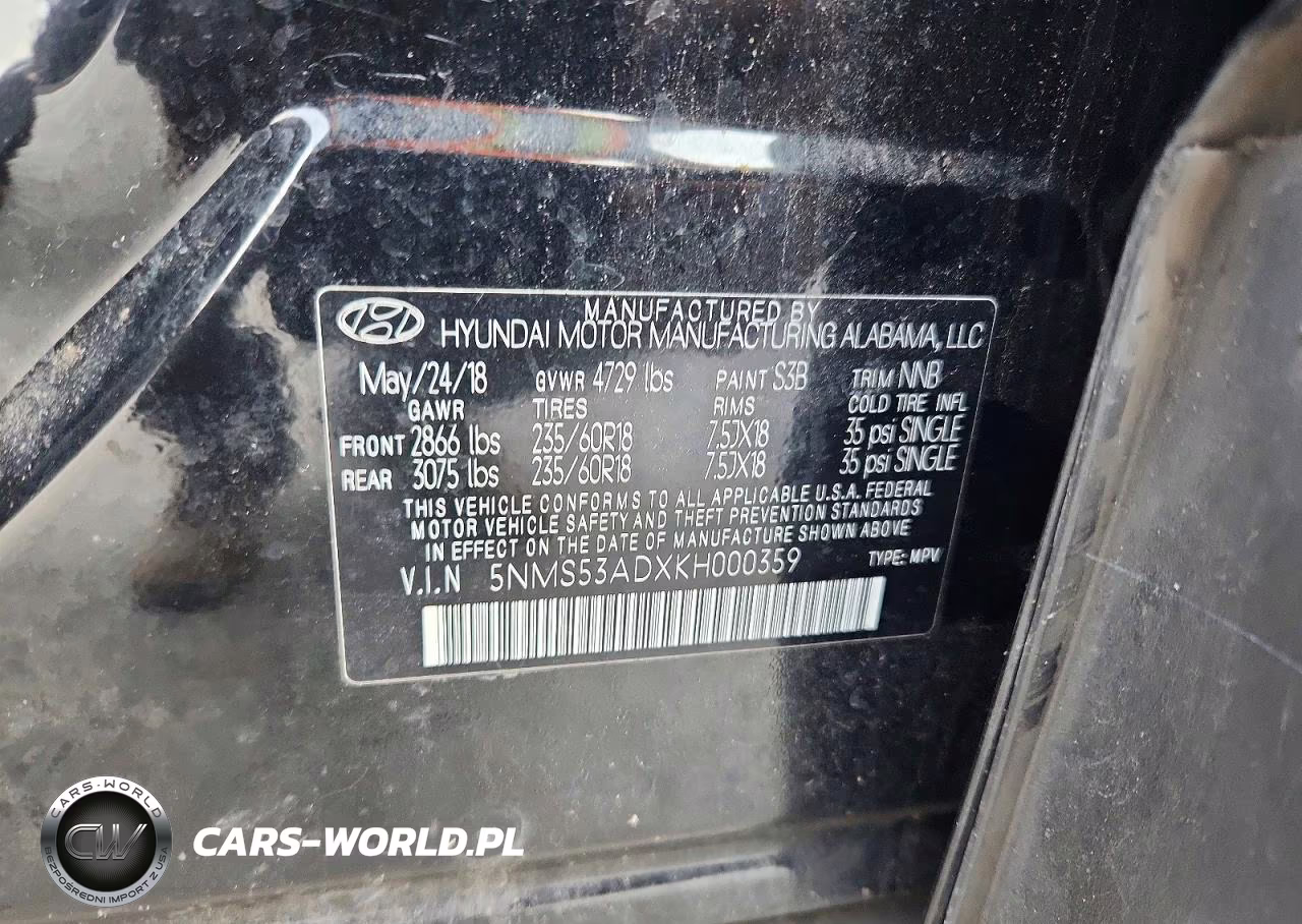 2019 Hyundai Santa Fe Limited 2.4L VIN:5NMS53ADXKH000359 - 12