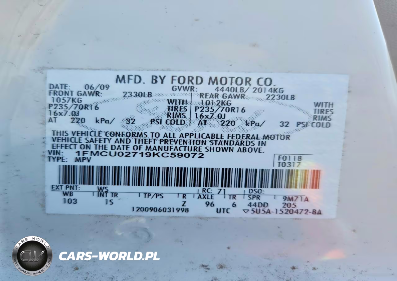 2009 Ford Escape Xls VIN:1FMCU02719KC59072 - 13