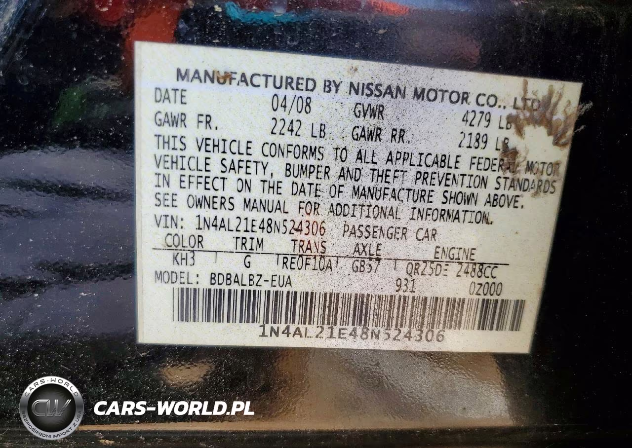 2008 Nissan Altima 2.5 VIN:1N4AL21E48N524306 - 12