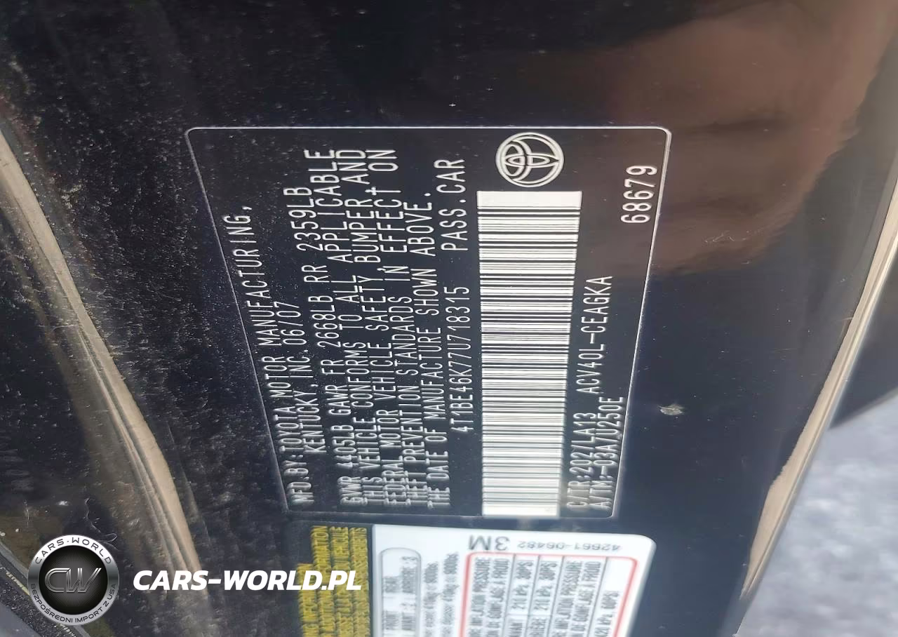 2007 Toyota Camry Xle VIN:4T1BE46K77U718315 - 12