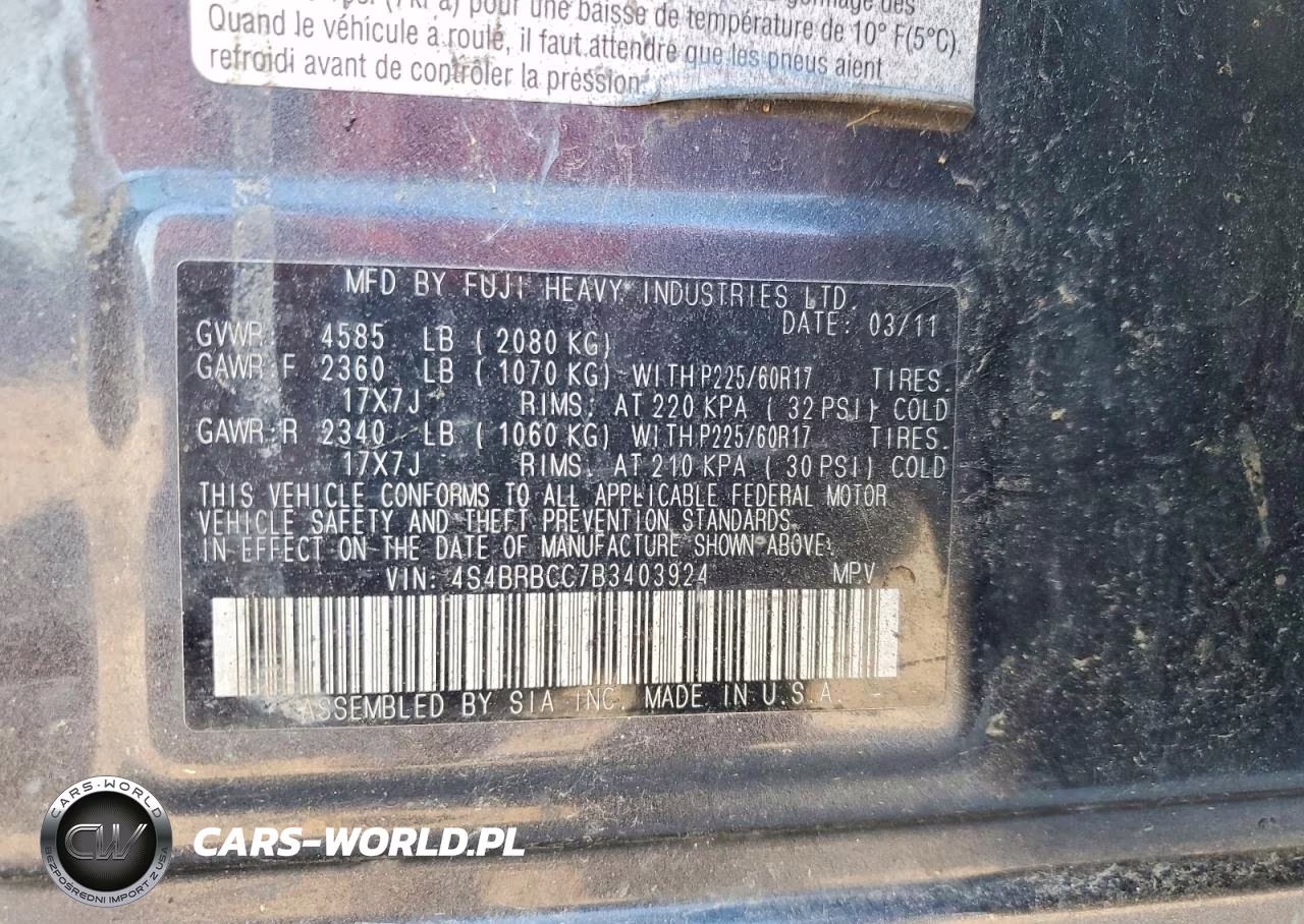 2011 Subaru Outback 2.5I Premium VIN:4S4BRBCC7B3403924 - 12