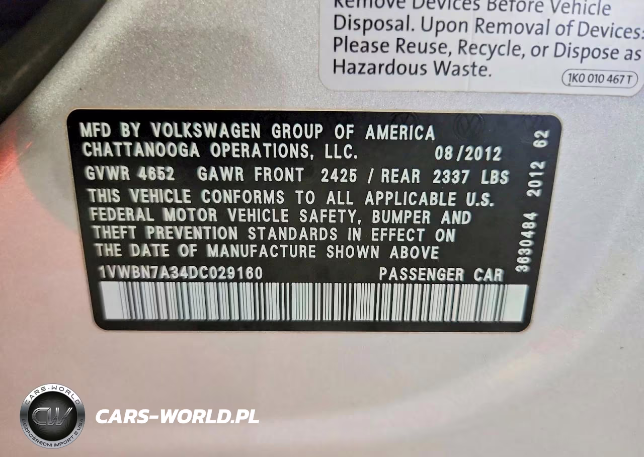 2013 Volkswagen Passat Se VIN:1VWBN7A34DC029160 - 12