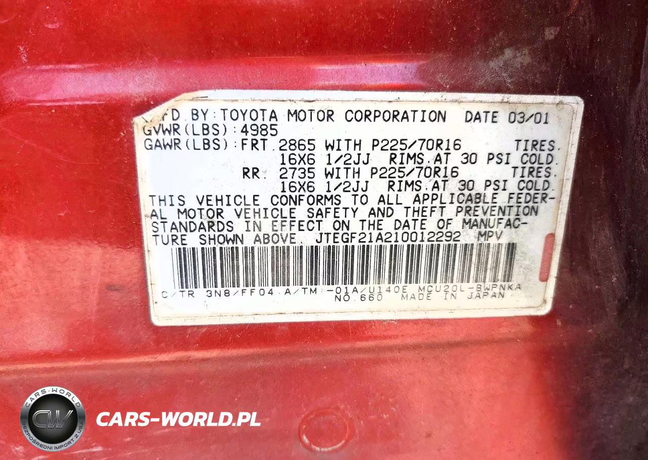 2001 Toyota Highlander Base VIN:JTEGF21A210012292 - 13