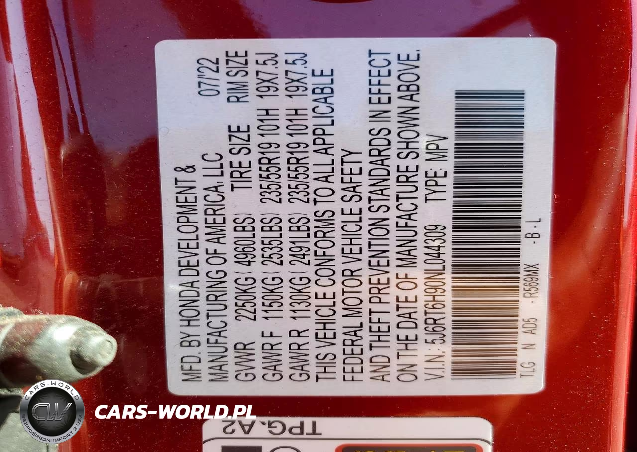 2022 Honda Cr-V Touring VIN:5J6RT6H90NL044309 - 13