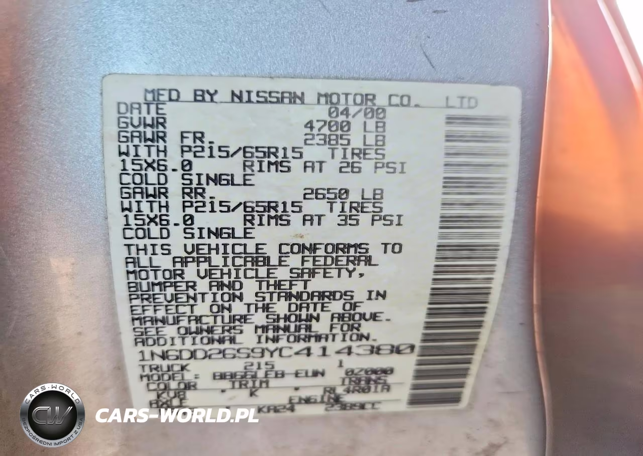 2000 Nissan Frontier Xe VIN:1N6DD26S9YC414380 - 12