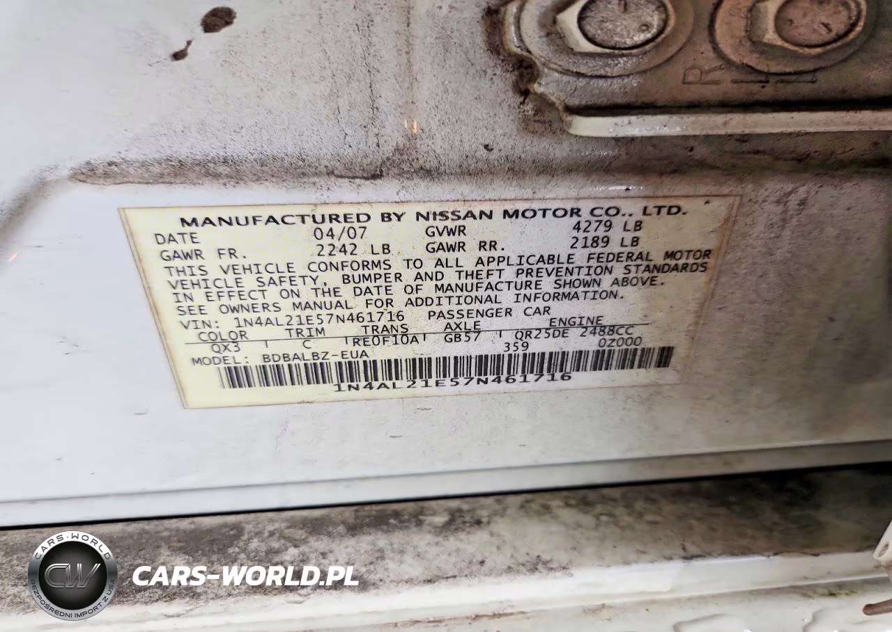 2007 Nissan Altima 2.5 VIN:1N4AL21E57N461716 - 12