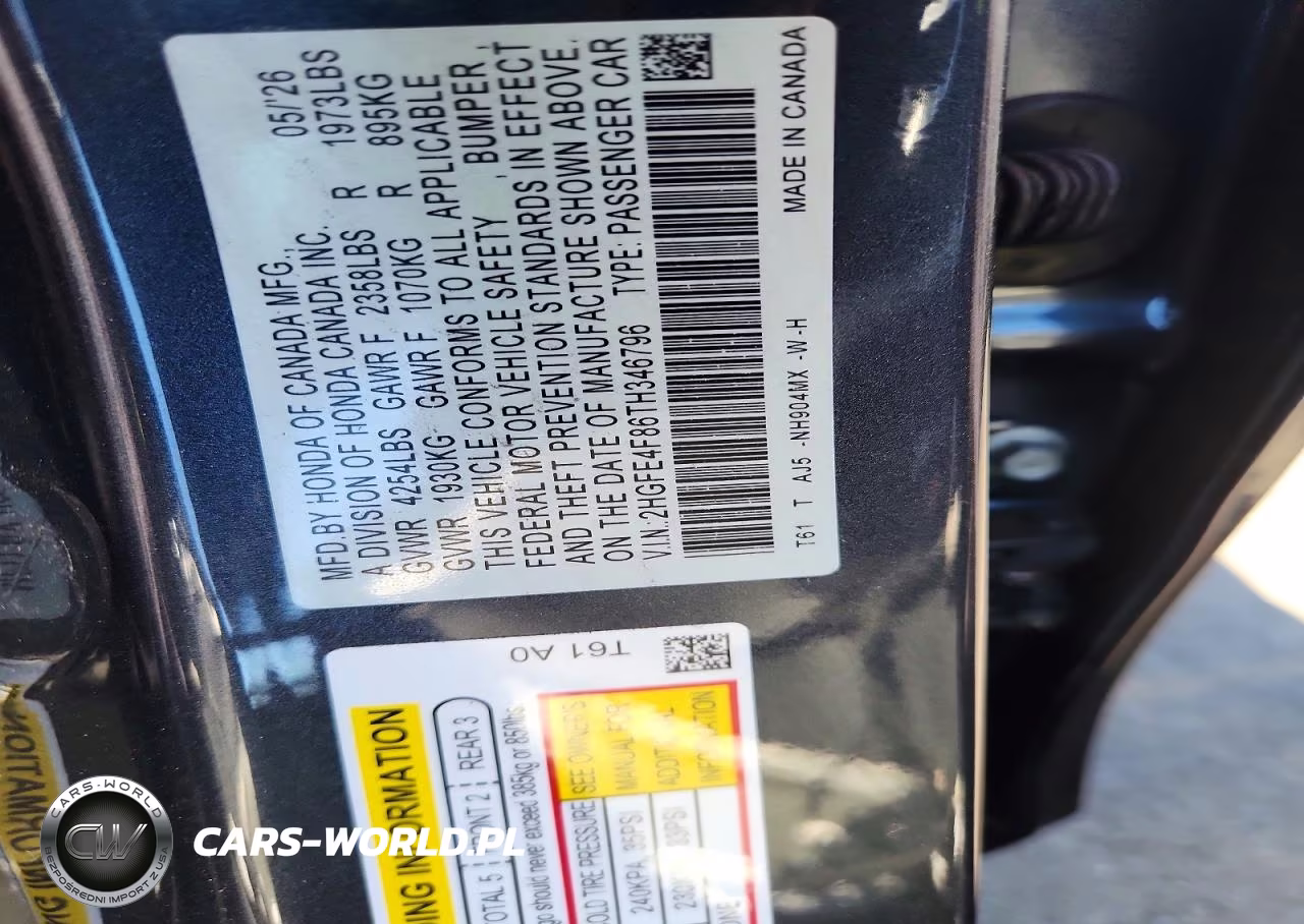 2026 Honda Civic Sport VIN:2HGFE4F86TH346796 - 13