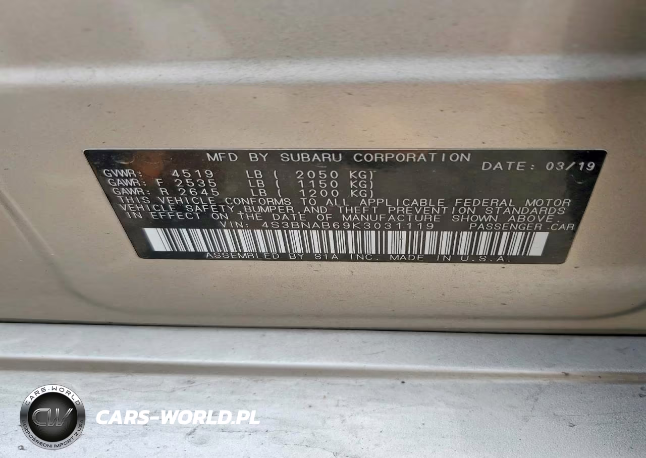 2019 Subaru Legacy 2.5I VIN:4S3BNAB69K3031119 - 12