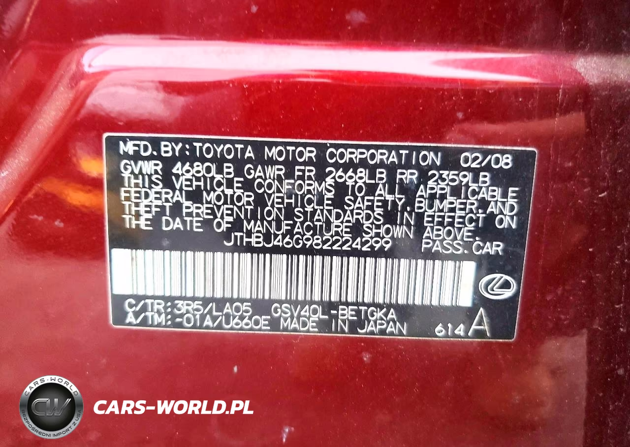 2008 Lexus Es 350 VIN:JTHBJ46G982224299 - 12