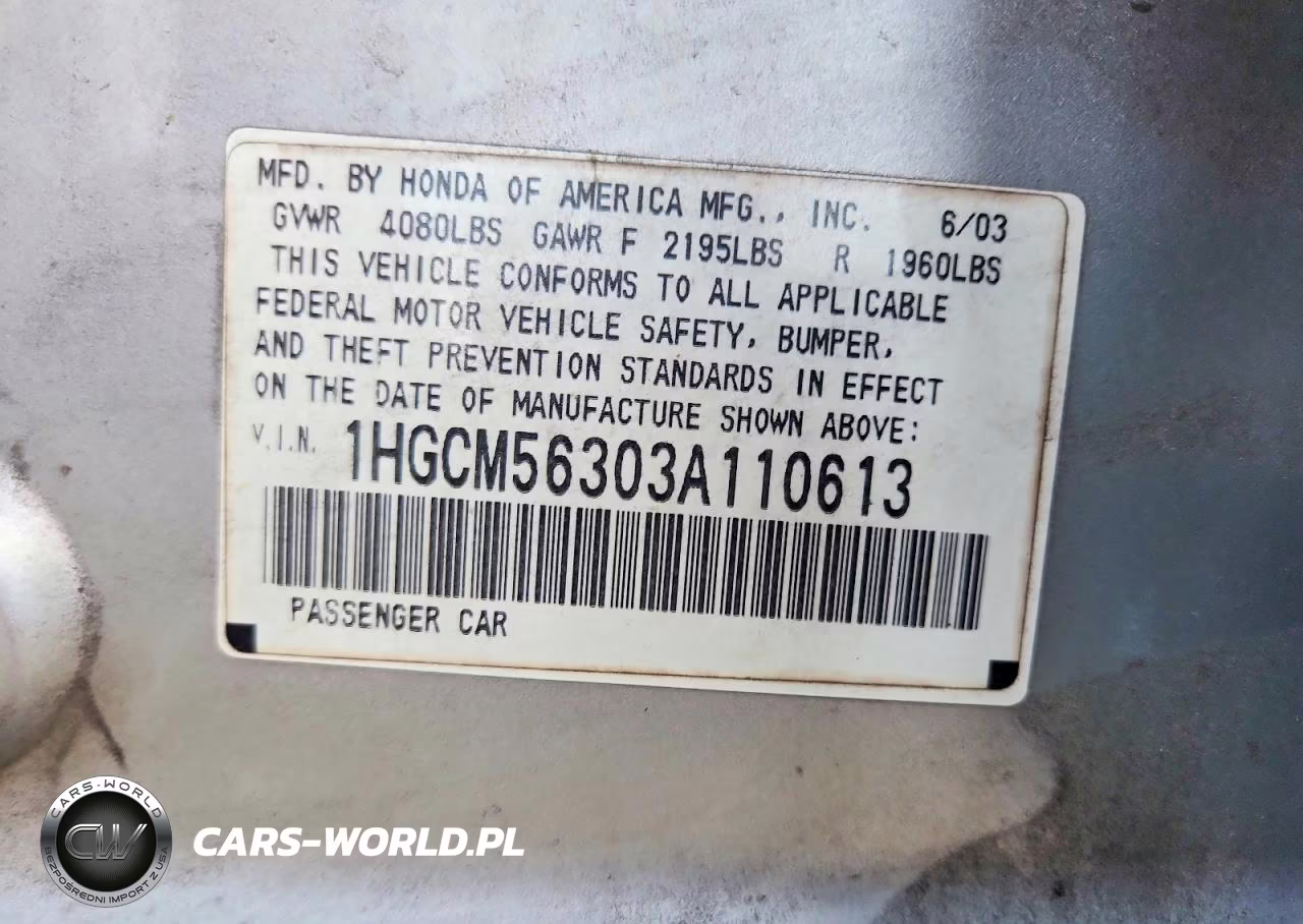 2003 HONDA ACCORD 2.4 LX VIN:1HGCM56303A110613 - 12