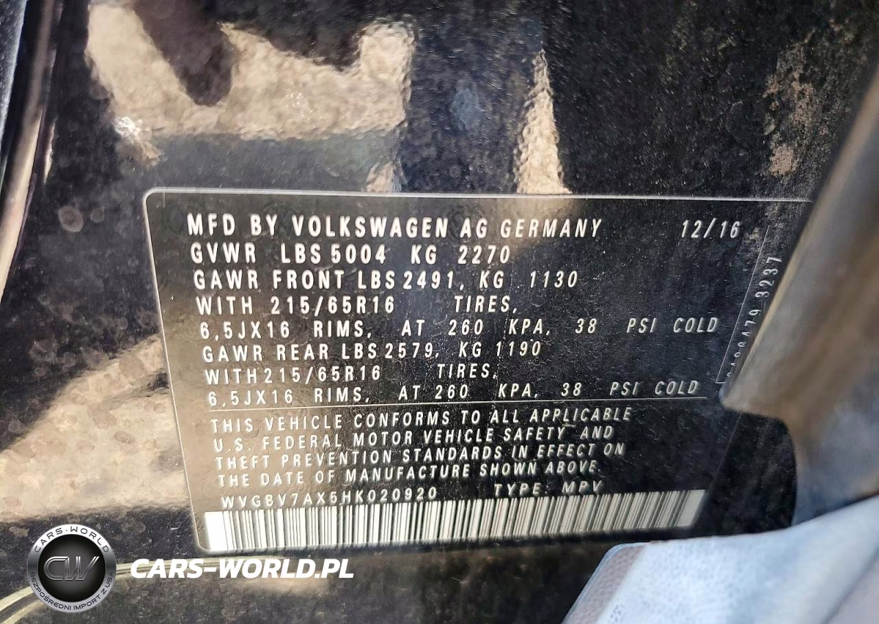 2017 Volkswagen Tiguan S VIN:WVGBV7AX5HK020920 - 13