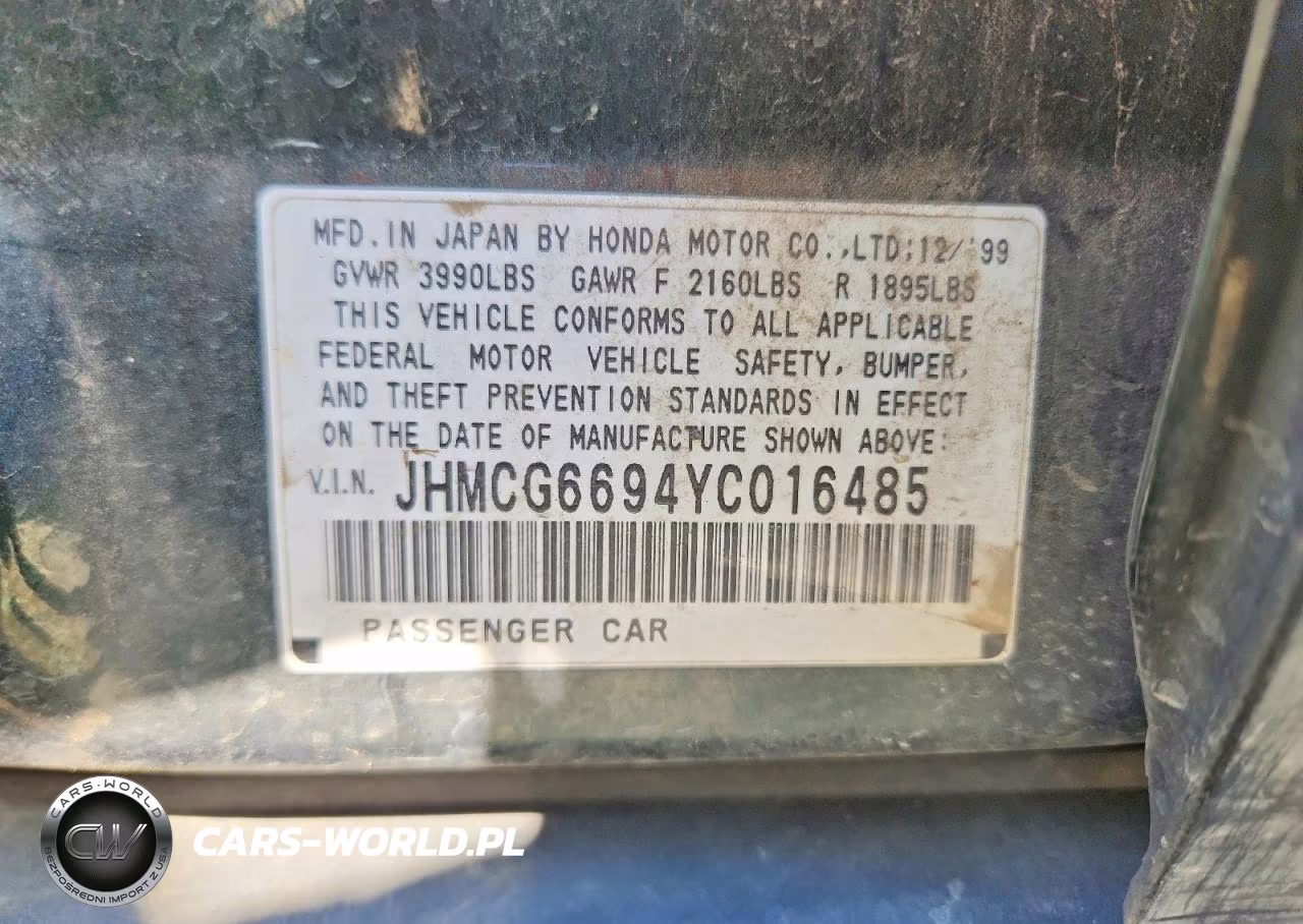 2000 Honda Accord Se VIN:JHMCG6694YC016485 - 12