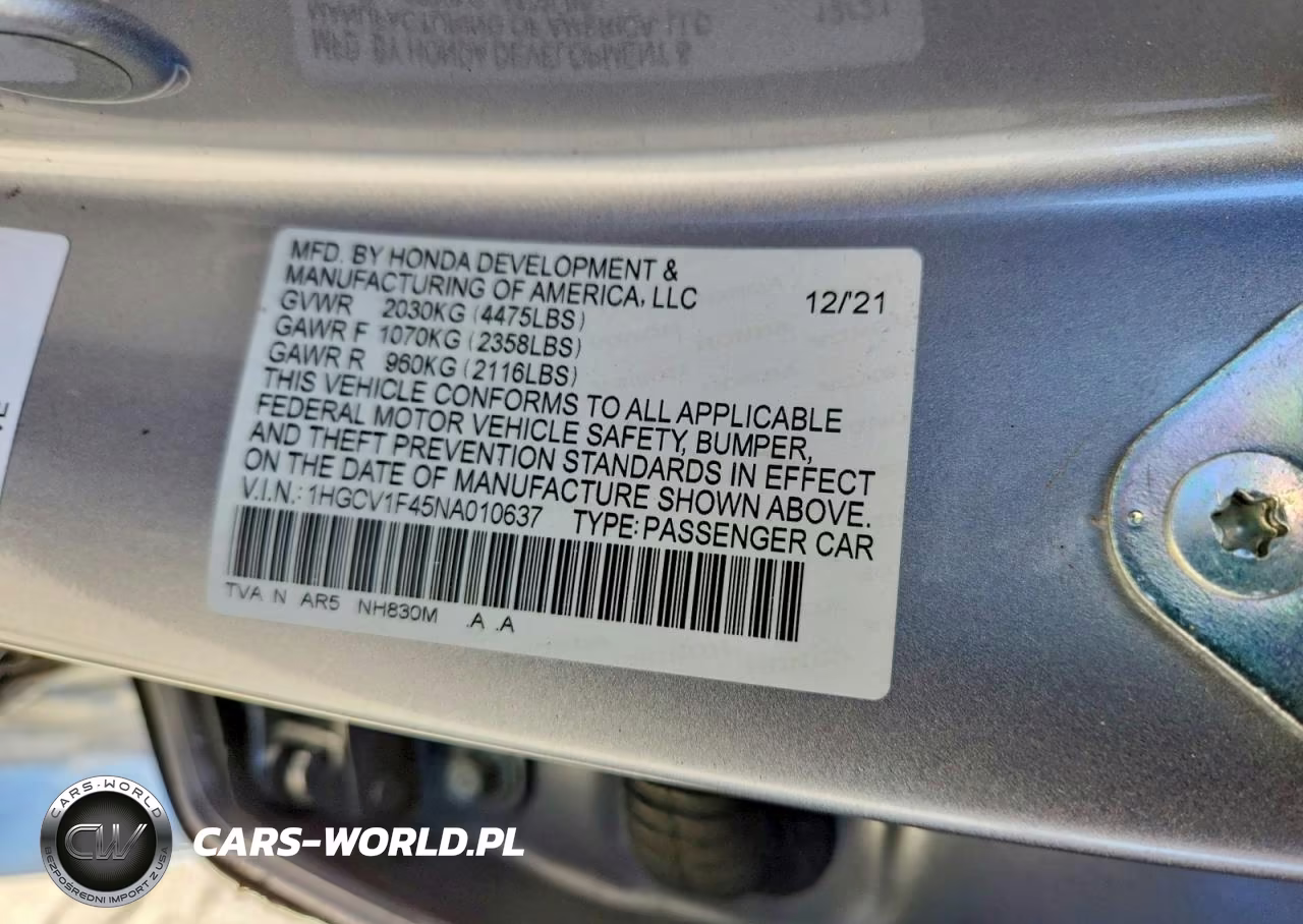 2022 Honda Accord Sport Se VIN:1HGCV1F45NA010637 - 12
