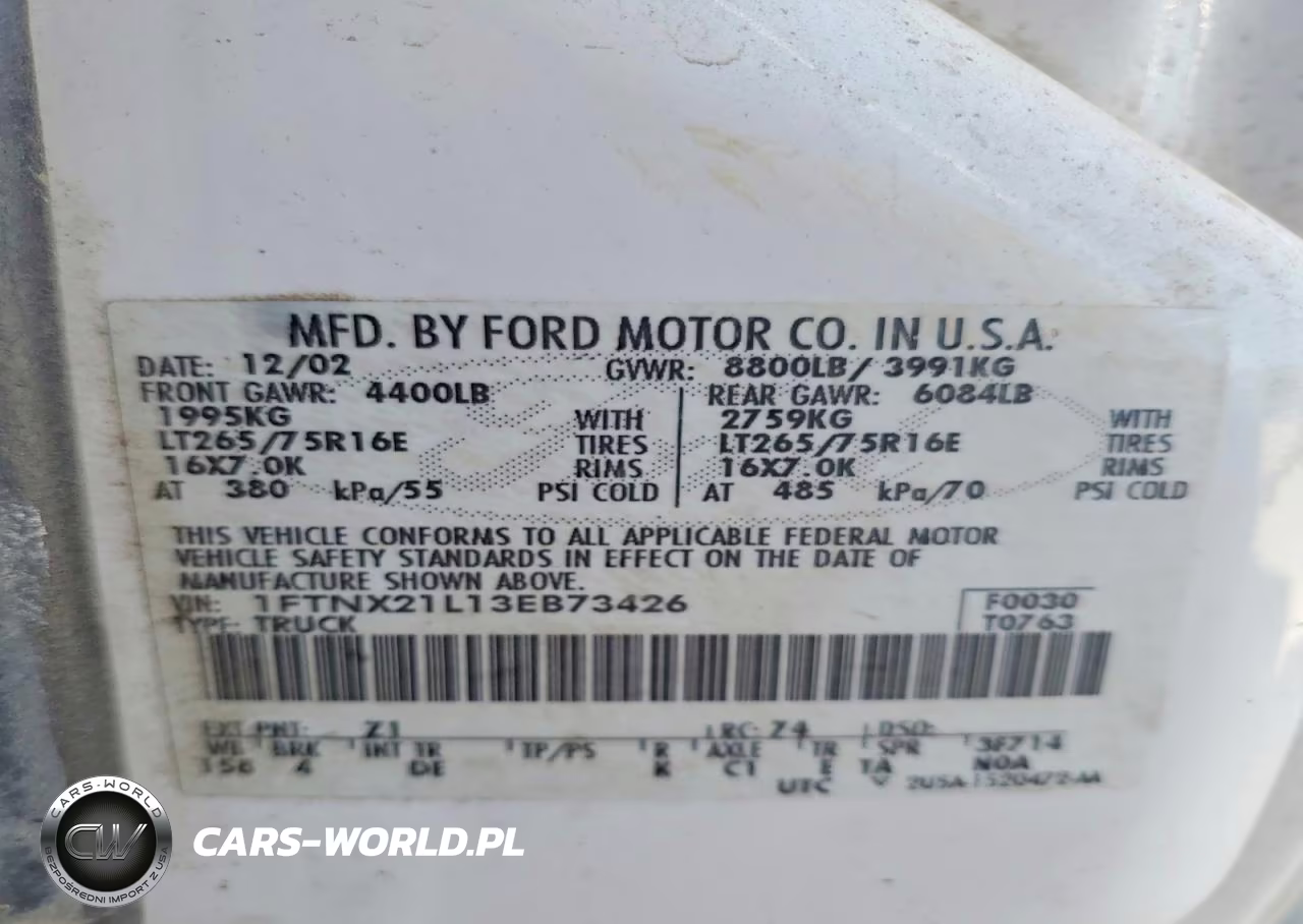 2003 Ford F250 Super Duty VIN:1FTNX21L13EB73426 - 12