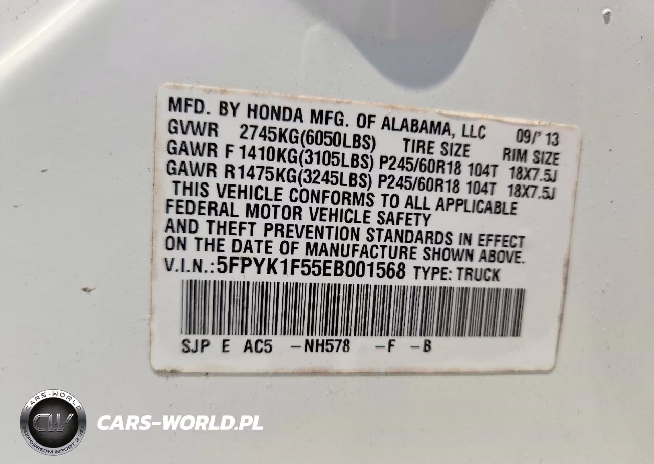2014 Honda Ridgeline Rtl VIN:5FPYK1F55EB001568 - 13