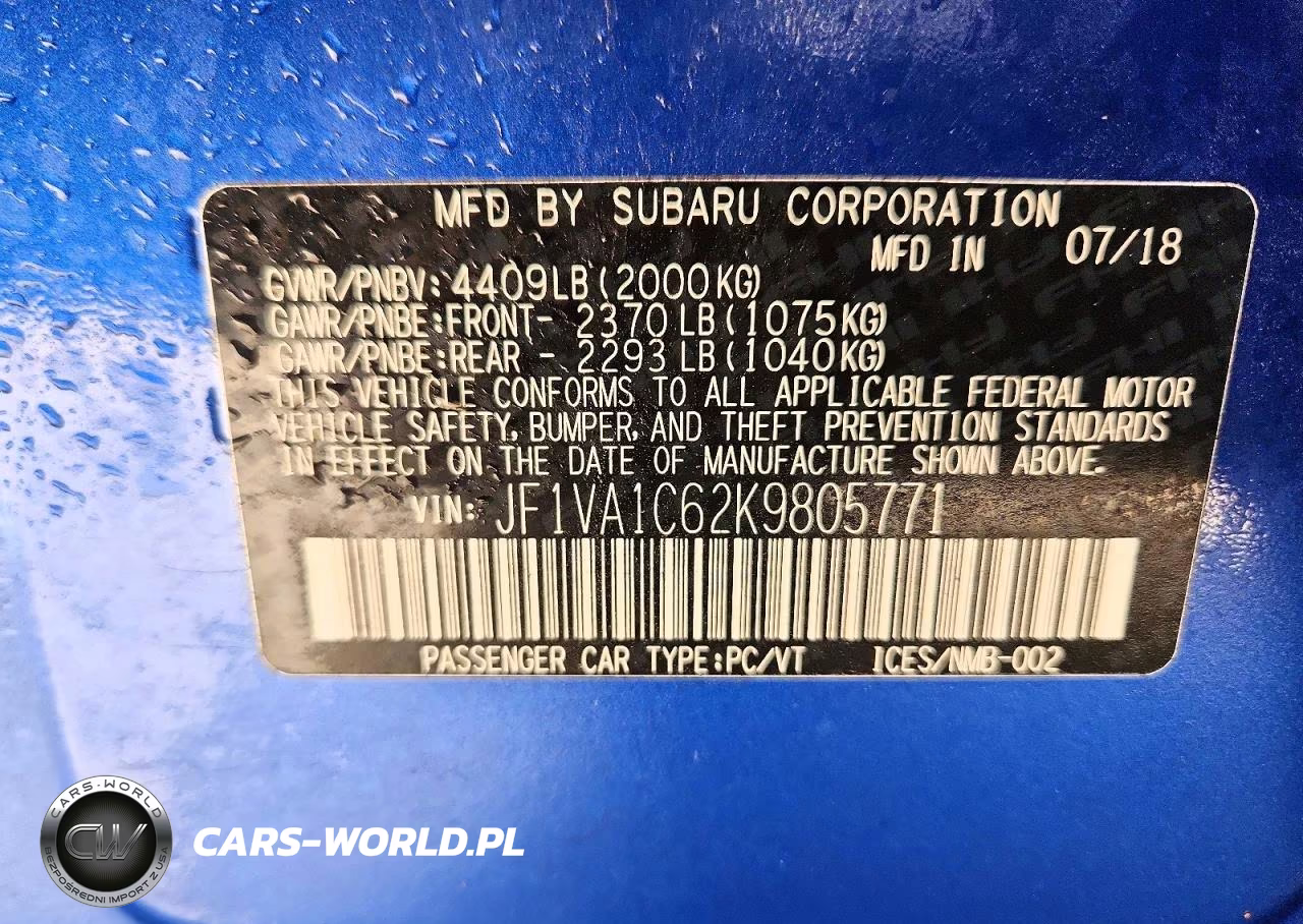 2019 Subaru Wrx Premium VIN:JF1VA1C62K9805771 - 12
