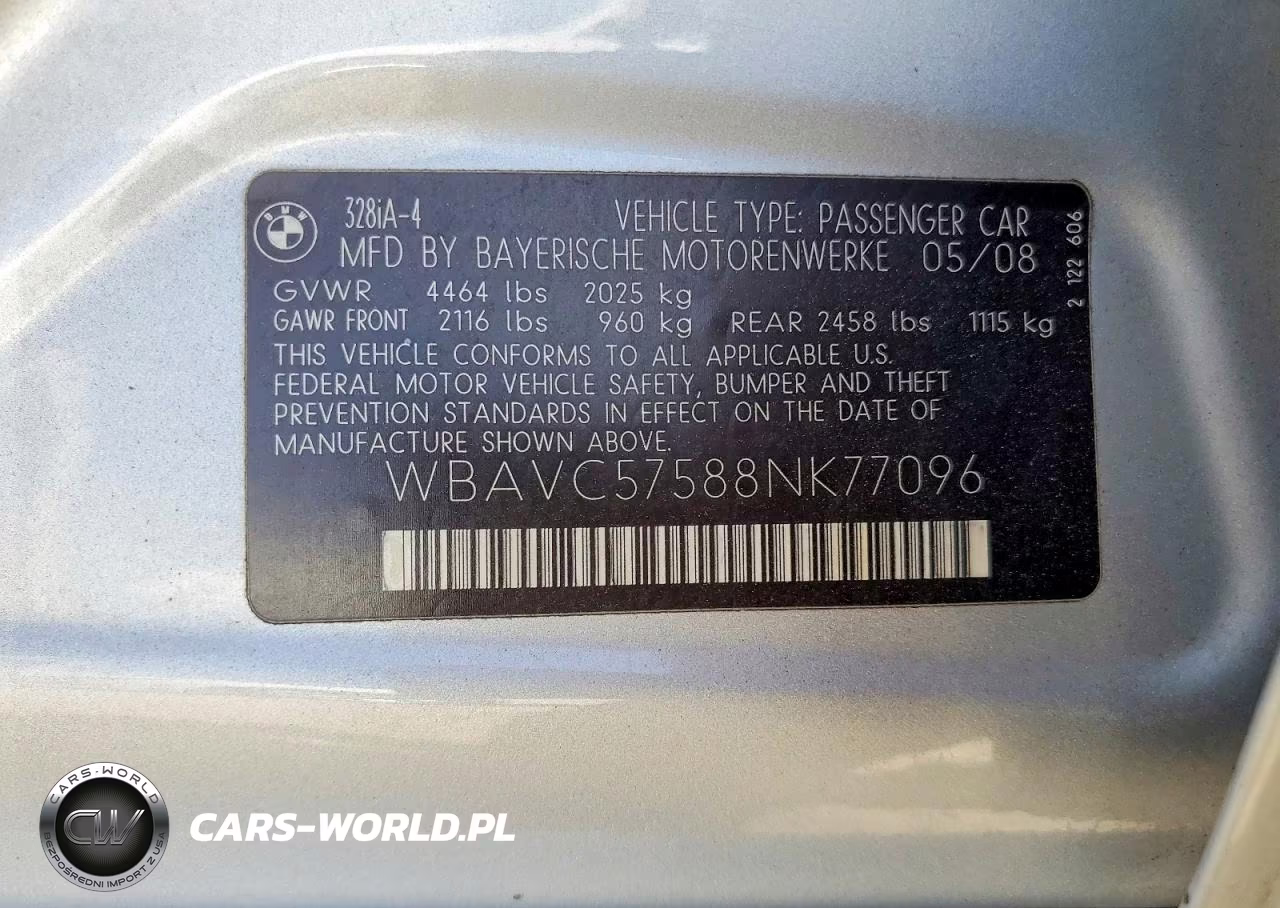 2008 BMW 328 I Sulev VIN:WBAVC57588NK77096 - 12