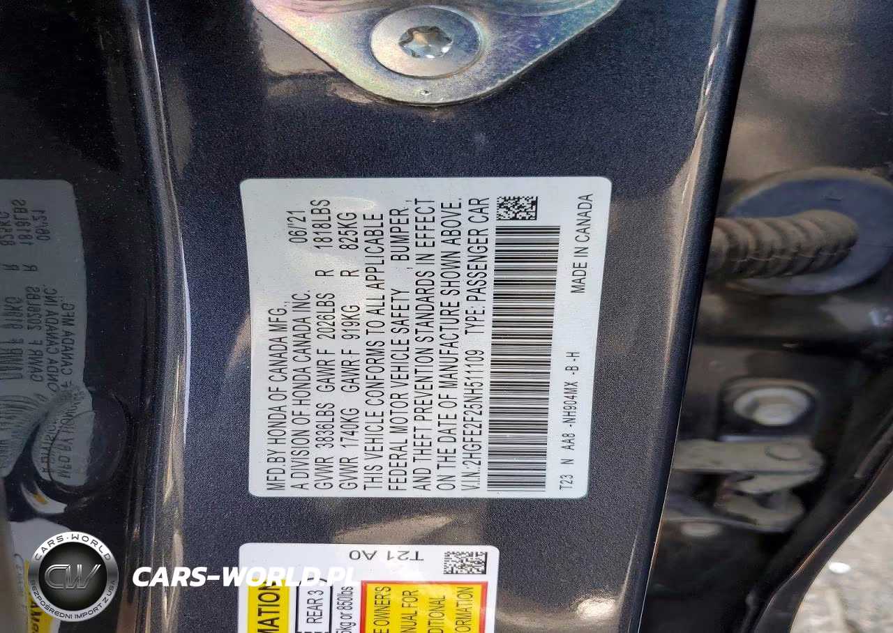 2022 Honda Civic Lx VIN:2HGFE2F25NH511109 - 12