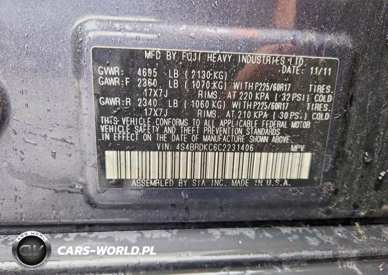 2012 Subaru Outback 3.6R Limited VIN:4S4BRDKC6C2231406 - 13