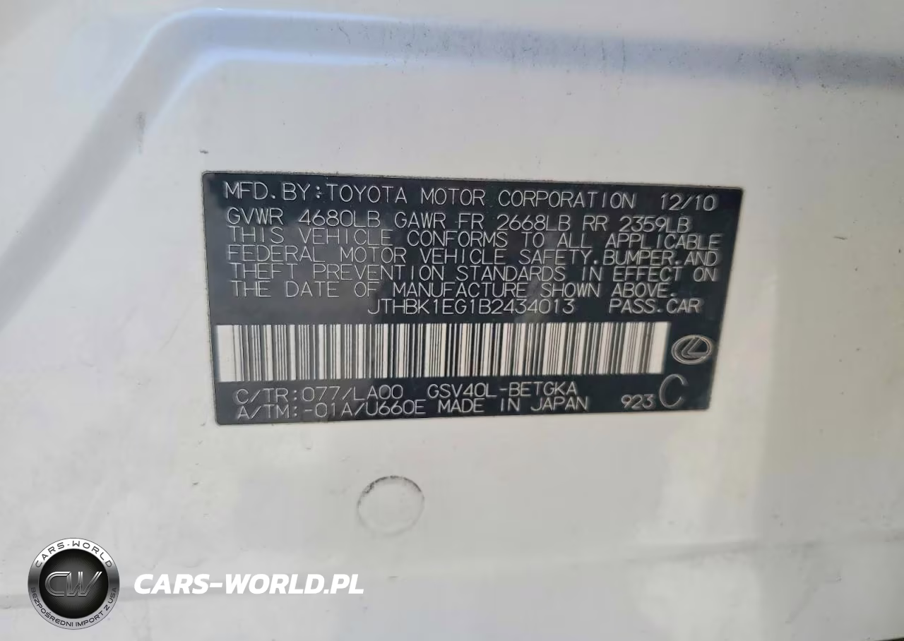 2011 Lexus Es 350 VIN:JTHBK1EG1B2434013 - 12