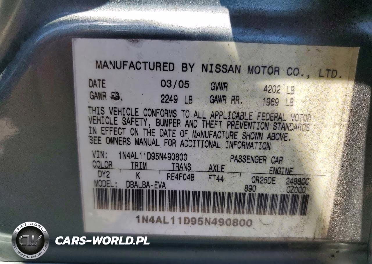2005 Nissan Altima 2.5 VIN:1N4AL11D95N490800 - 13