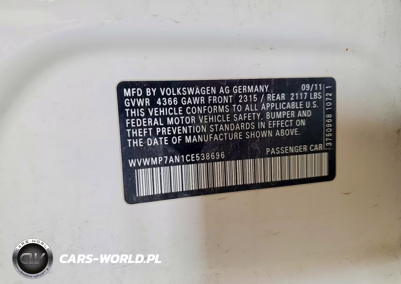 2012 Volkswagen Cc Sport VIN:WVWMP7AN1CE538696 - 12