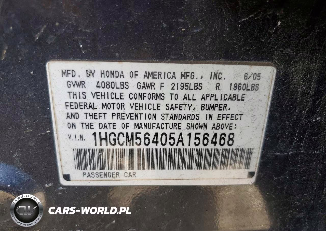 2005 Honda Accord Lx VIN:1HGCM56405A156468 - 12