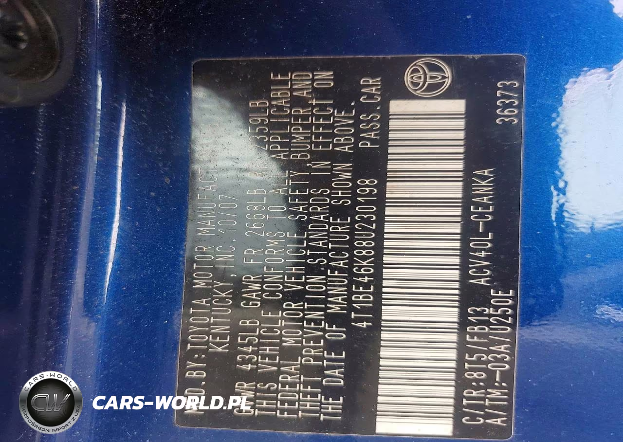 2008 Toyota Camry Le VIN:4T1BE46K88U230198 - 12