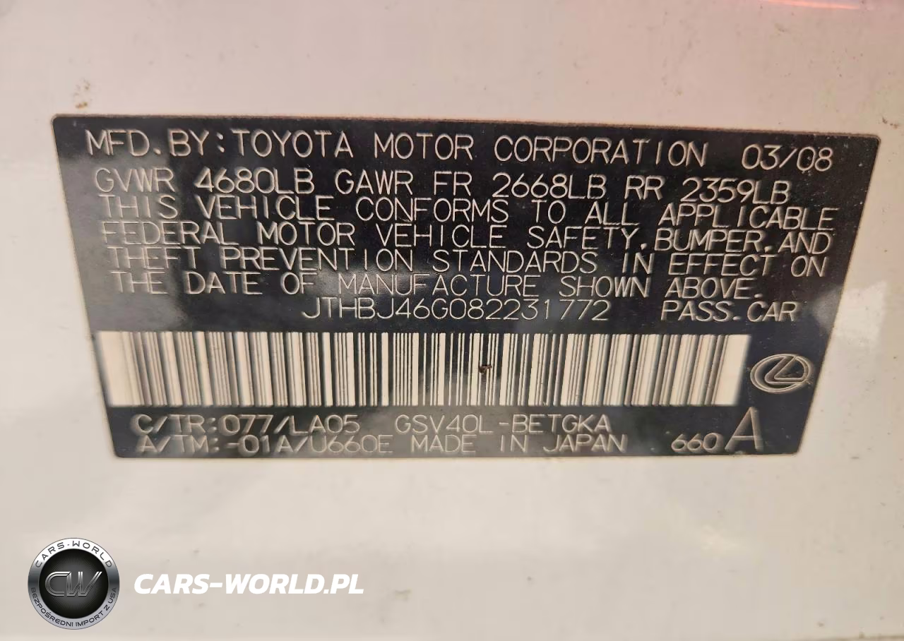 2008 Lexus Es 350 VIN:JTHBJ46G082231772 - 12