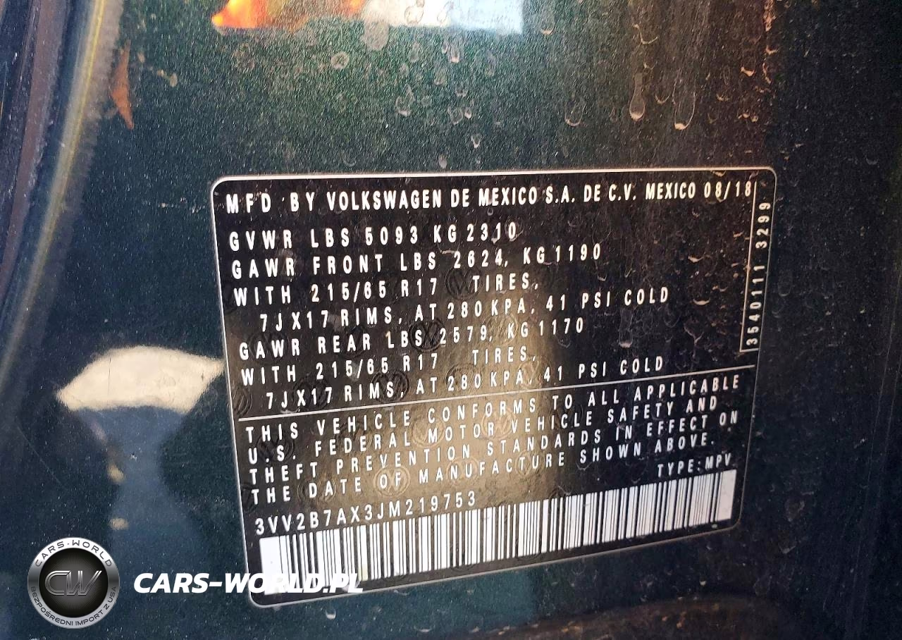2018 Volkswagen Tiguan Se VIN:3VV2B7AX3JM219753 - 13
