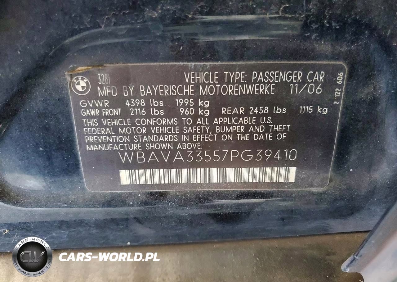 2007 BMW 328 I VIN:WBAVA33557PG39410 - 12