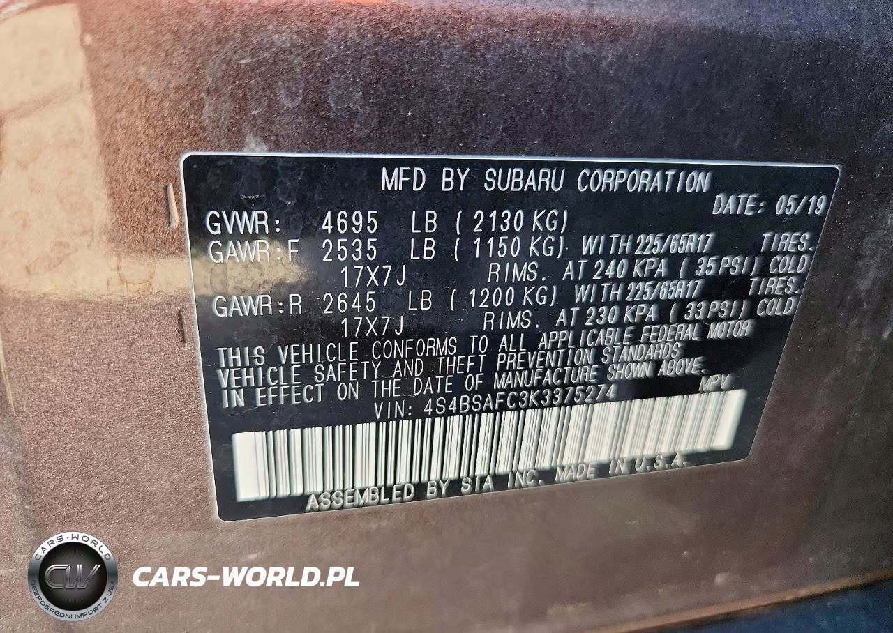 2019 Subaru Outback 2.5I Premium VIN:4S4BSAFC3K3375274 - 14