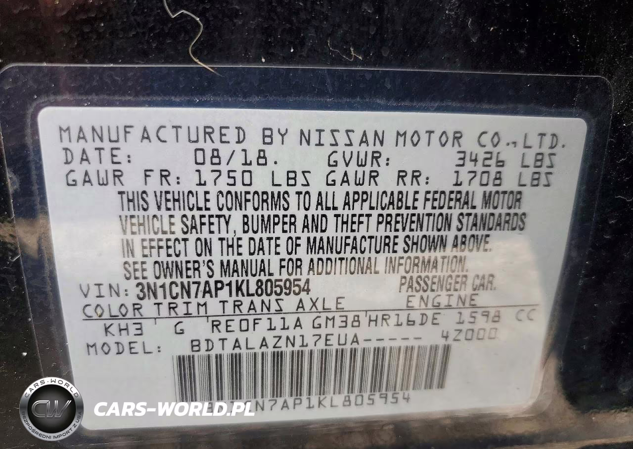 2019 Nissan Versa S Plus VIN:3N1CN7AP1KL805954 - 12