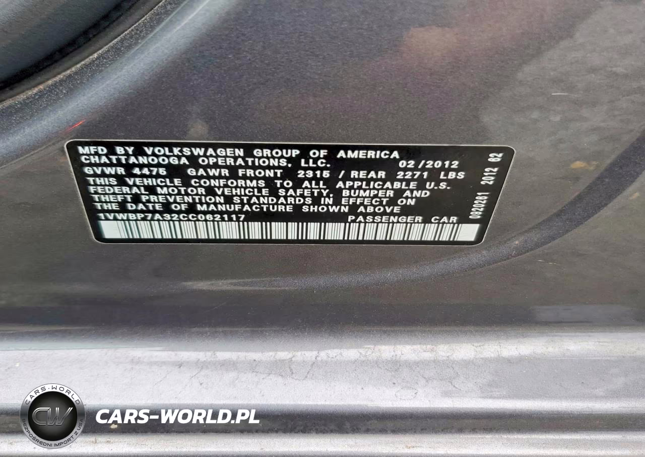 2012 Volkswagen Passat Se VIN:1VWBP7A32CC062117 - 13