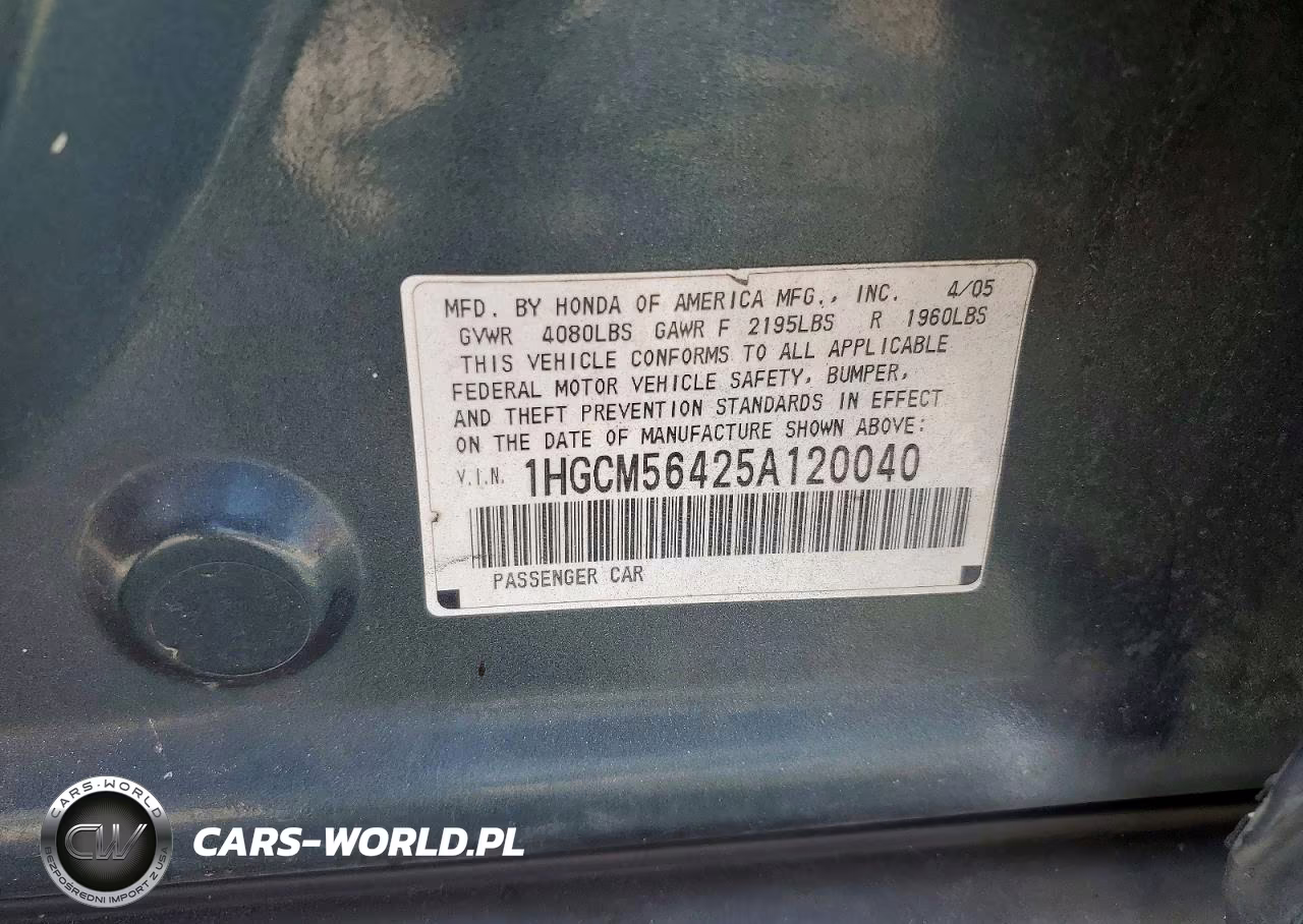 2005 Honda Accord Lx VIN:1HGCM56425A120040 - 12