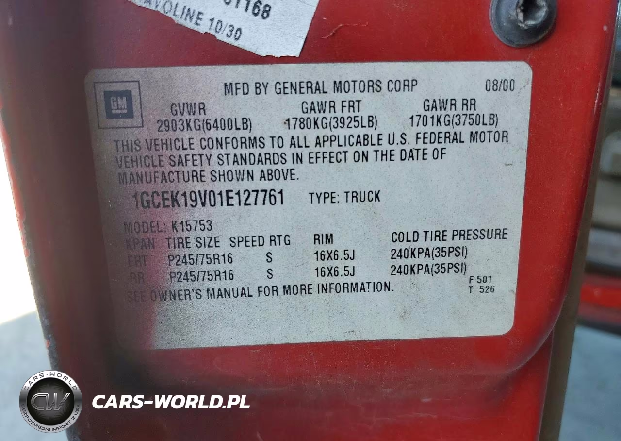 2001 Chevrolet Silverado K1500 VIN:1GCEK19V01E127761 - 12