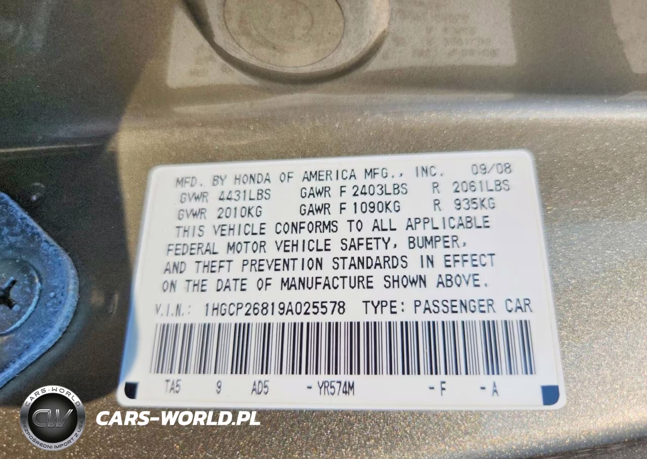 2009 Honda Accord Exl VIN:1HGCP26819A025578 - 12