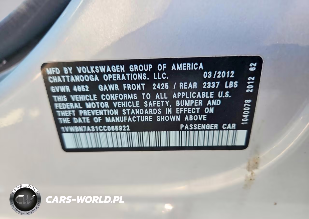 2012 Volkswagen Passat Se VIN:1VWBN7A31CC065922 - 12