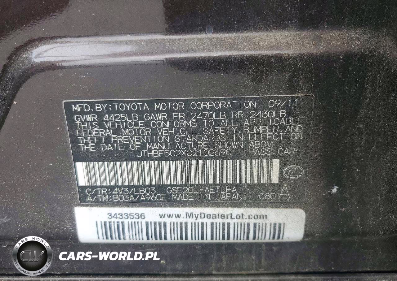 2012 Lexus Is 250 Base VIN:JTHBF5C2XC2102690 - 12