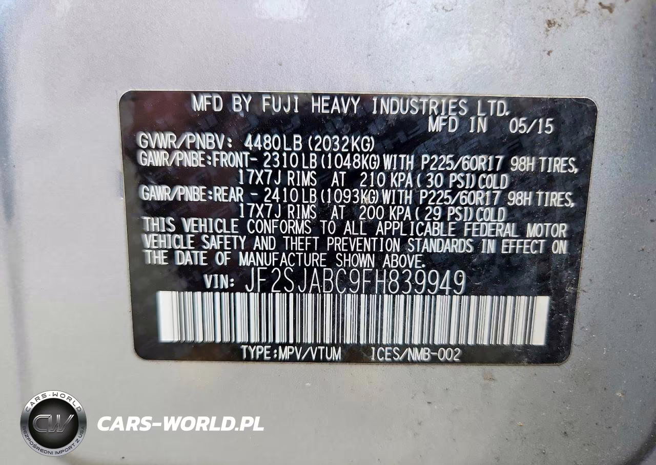 2015 Subaru Forester 2.5I VIN:JF2SJABC9FH839949 - 12