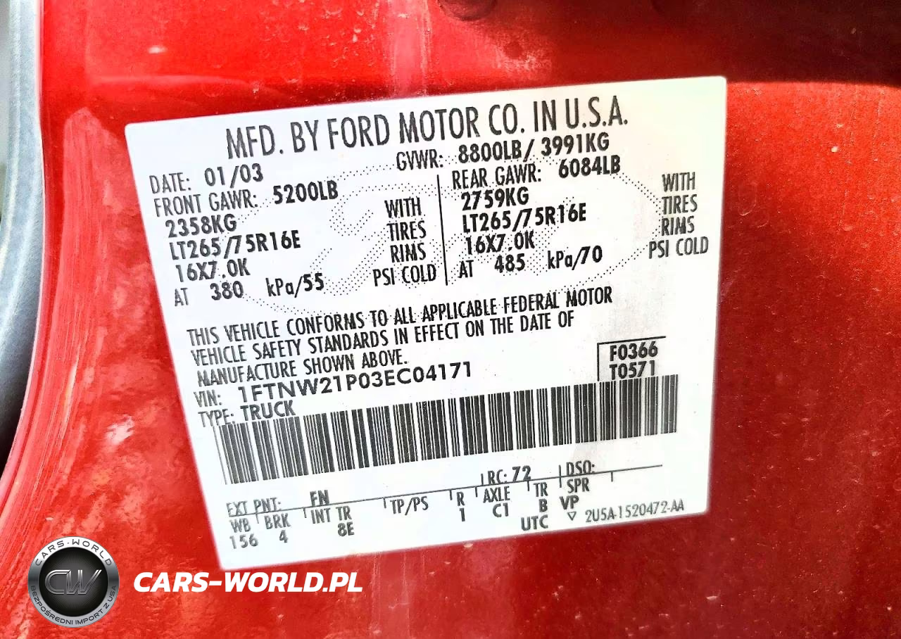 2003 Ford F250 Super Duty VIN:1FTNW21P03EC04171 - 12