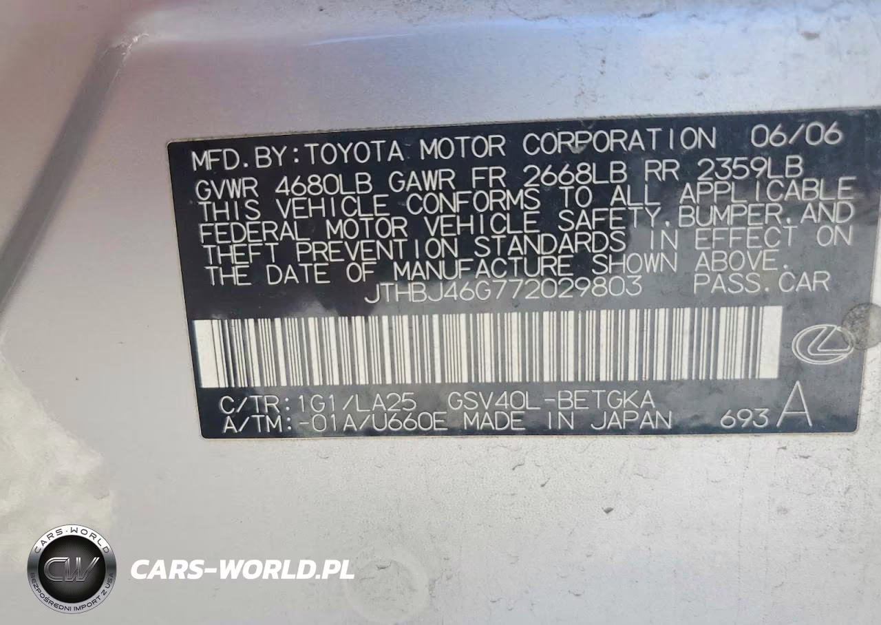 2007 Lexus Es 350 VIN:JTHBJ46G772029803 - 12